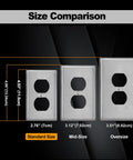 Size comparison of 10 Pack Duplex Receptacle Metal Wall Plate With Protective Film For Easy Install 1 Gang Industrial Stainless Steel Outlet Cover Heavy Duty Durable Brushed Silver Finish in standard, mid-size, and oversize.