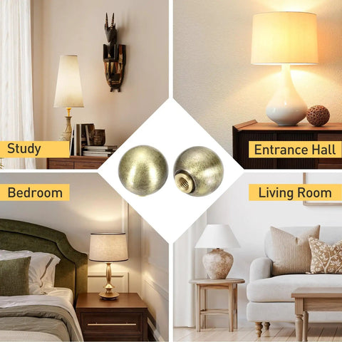 Two Pack Bronze Ball Lamp Finials 0.8 Inch Tall Brass Lamp Cap Knobs with Cleaning Cloth in study, entrance hall, bedroom, and living room settings