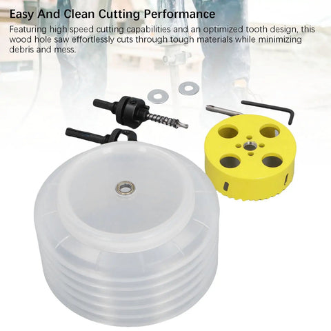 Grab This Awesome 4 Inch Wood Hole Saw Set That Cuts Smooth Through Plasterboard And Plastic Without Mess. Durable Metal Kit Comes With Dust Bowl Shaft For Pro Level Handiwork And DIY Projects Anytime You Need A Clean Cut. 4 inch hole saw kit with dust bowl, arbor, and wrench