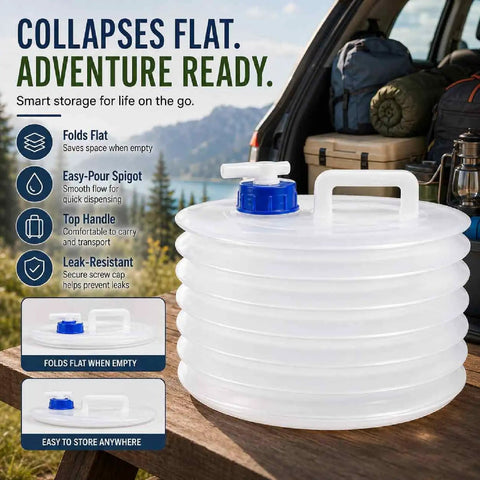 Collapsible Water Container With Spigot For Camping And Outdoors, Foldable 15L Water Jug shown in use outdoors, handle visible.