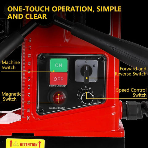 Control panel of Heavy Duty Magnetic Drill Press 110V With Power Cord, featuring speed control and magnetic switches.