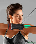 Woman using Three Finger Archery Glove Leather Tab All Day Comfort Heavy Duty For Recurve And Longbows Durable Finger Protector