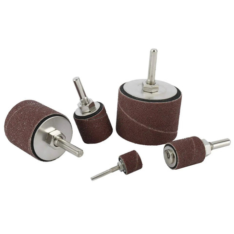 Heavy Hitter 25 Piece Sanding Drum Kit For Drills And Benchtop Presses With Five Mandrel Arbors And Twenty Coarse And Fine Grit Sanding Sleeves In A Tough Carry Case For No Sweat Wood Finishing with varying sized sanding drums.