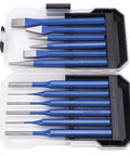 12-Piece Chisel and Punch Kit for DIY Projects, Pro-Grade Chrome Steel Tools featuring blue-handled tools in a plastic case.