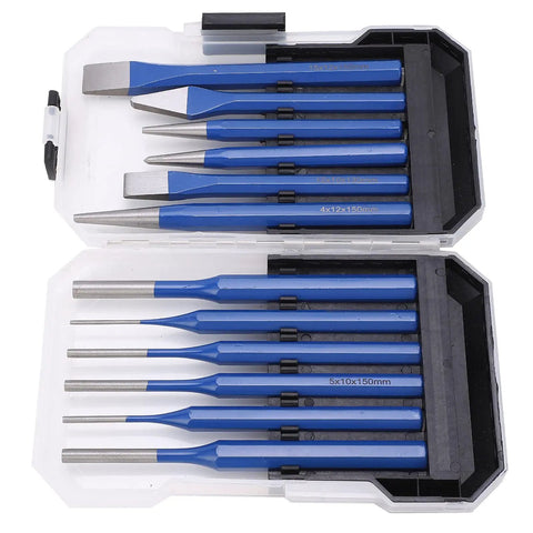 12 Piece Heavy Duty Chisel Punch Kit With Crv Vanadium Steel Tools, Blue Grip Handles For Precision Engraving Metal Woodworking And Carving Tasks Comes In Lockable Case. blue-handled steel punches in lockable case