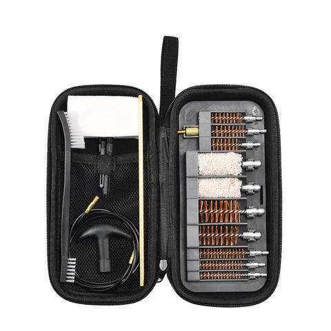 The Ultimate 19Pc Universal Gun Cleaning Kit With Tactical Brush And Sturdy Tools Perfect For Hasty Field Fixes And Daily Maintenance Surefire Way To Tame Your Firearm Gear Without The Bigger Hassle. open black case with brass brushes and cleaning rods