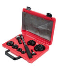Heavy Duty Mechanical Slug Out And Ratchet Wrench Kit, 1/2 To 2 Inch Conduit Punch Set With Dies And Drives, tools in red case.