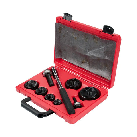 Heavy Duty Mechanical Slug Out And Ratchet Wrench Kit, 1/2 To 2 Inch Conduit Punch Set With Dies And Drives, tools in red case.