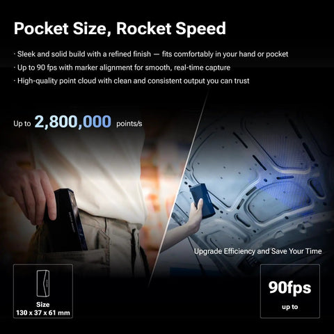 Person holding Rockit Wireless Laser 3D Scanner with 38 blue laser lines in pocket-sized design for fast marker-free scanning.