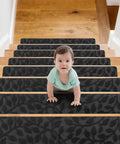Indoor Non Slip Stair Treads 15 Pack 8x30 Inch Dark Gray Carpet Stair Runners on wooden stairs with baby crawling