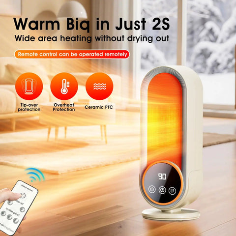 Portable Indoor Space Heater With 1200W PTC Ceramic Rapid Heating and Remote in living room setting.