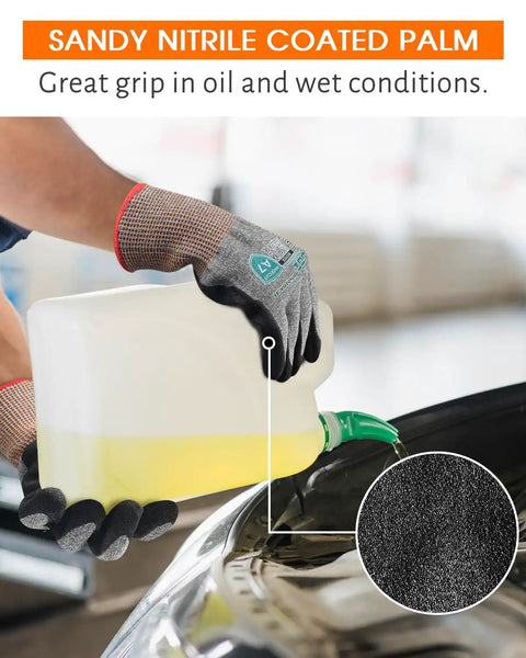ANSI A7 Cut Resistant Gloves Set Three Pairs With Touchscreen Sandy Nitrile Coated Grips Pouring Liquid