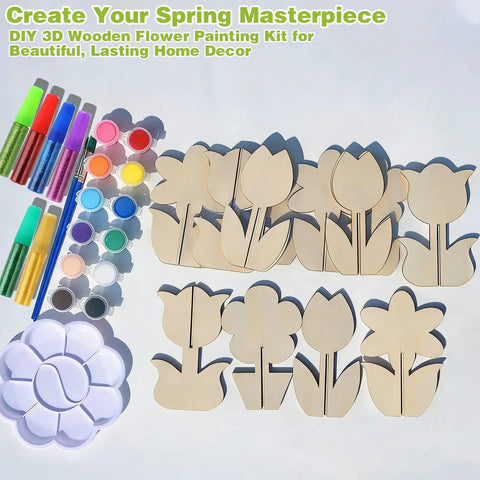 Unfinished Wood Flower Painting Kit With 12 3D Tulip Blooms, DIY Spring Craft Set For Adults And Family, Blank Wood Cutouts For Home Decor, Tabletop Mantel Display