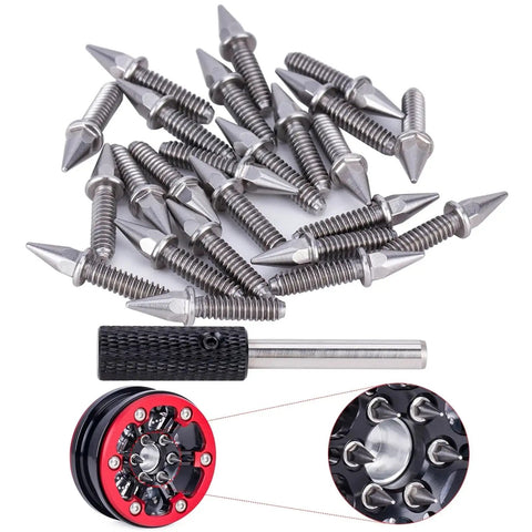 Beefed-Up RC Car Repair Kit With 24-Piece Hex Socket Screws, Spiked Hexagon Bolts And Screwdriver For SCX10 D90 And TRX4, Fits 1/10 And 1/8 Scale, Durable Metal Upgrade Parts For Secure Wheel Hubs And Suspension. Metal spiked RC wheel hub bolts with screwdriver