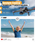 Foldable 1080P Camera Drone For Kids And Adults floating above beach scene with smiling person demonstrating gesture selfie control