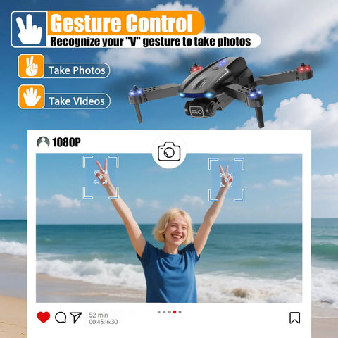 Foldable 1080P Camera Drone For Kids And Adults floating above beach scene with smiling person demonstrating gesture selfie control