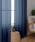 Room with Pure Sheer Window Curtains 72 Inch Long 2 Panels Navy Blue Voile Drapes, woven chair, and plant in a pot