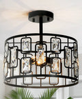 Crystal Semi Flush Mount Ceiling Light With 3 Lights, Black Modern Contemporary Drum Pendant Chandelier for Dining Room