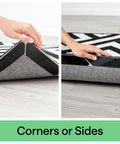 Rug Gripper Pad Kit With 24 Reusable Double Sided Stickers Keeps Rugs Flat And In Place demonstrating corner and side application.