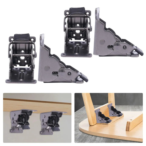 Four Pack Heavy Duty Self Locking Furniture Hinges Engineered For 90 Degree Right Angle Setups, displayed in vertical and horizontal views.