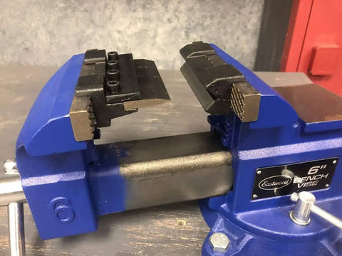 6 inch bench vise with 4 Inch Vise Mount Press Brake Bender Attachment for Sheet Metal Cross Slide, 90 Degree Bends