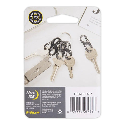 S Biner MicroLock Stainless Steel Key Holder Carabiner Clip Set Of 5 With Locking Gates attached to keys on packaging