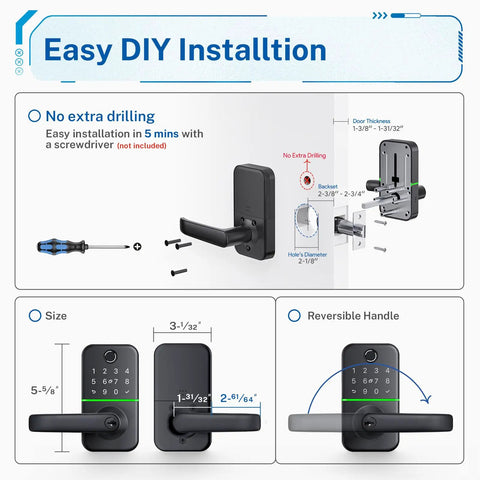 Diagram of Keypad Smart Door Lock With Keyless Entry Handle showing installation steps and dimensions.