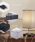Two Pack Modern Table Lamps With 3 Way Dimmable Touch Control, Dual USB Ports And AC Outlets, Grey Fabric Shade Bedside Lamps