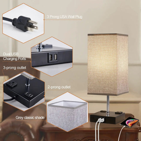 Two Pack Modern Table Lamps With 3 Way Dimmable Touch Control, Dual USB Ports And AC Outlets, Grey Fabric Shade Bedside Lamps