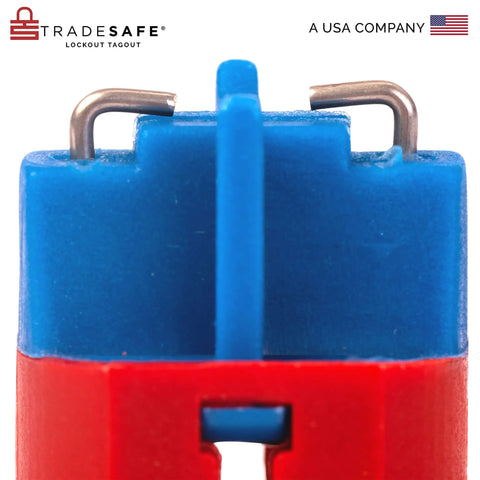 Close-up view of Pro Grade 3 Pack Pin In Circuit Breaker Lockout Device with industrial-grade nylon and stainless steel pin components.