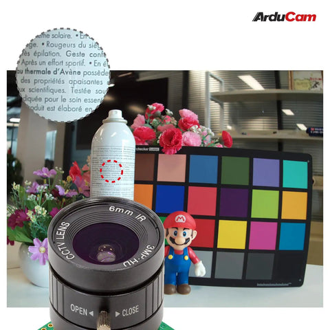 Day And Night Vision IMX477 HQ Camera For Jetson Orin NX with 6mm CS lens, color calibration chart and figurine backdrop