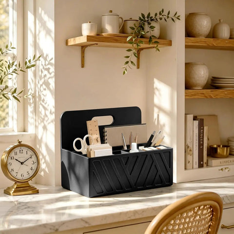 Six Slot Desk Mail Organizer Countertop Caddy on marble counter with stationery and decor, in bright kitchen setting.