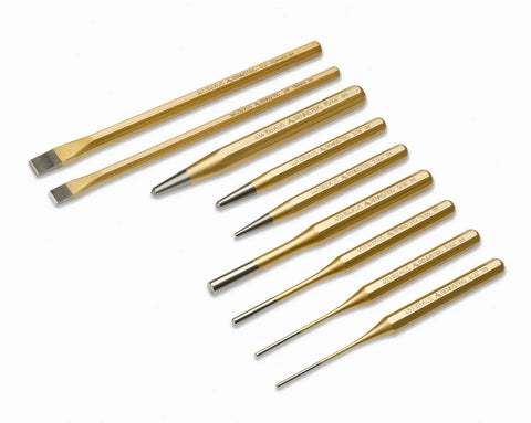 9 Piece Punch And Chisel Set with Two Eight Inch Cold Chisels, Three Center Punches, and Four Pin Punches displayed