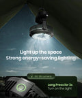 Portable Camping Fan With LED Lantern hanging in a tent, showcasing 360 Degree Rotating Head and energy-saving lighting.