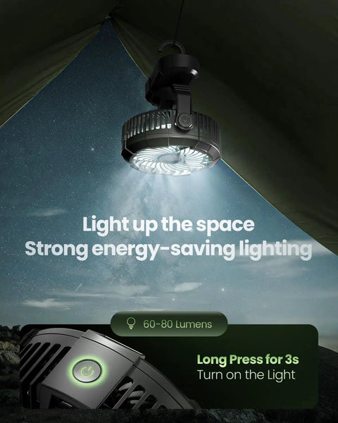 Portable Camping Fan With LED Lantern hanging in a tent, showcasing 360 Degree Rotating Head and energy-saving lighting.