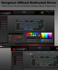 Hexgears Official Dedicated Driver interface showing RGB control, FN key settings, and macro programming for keyboards.