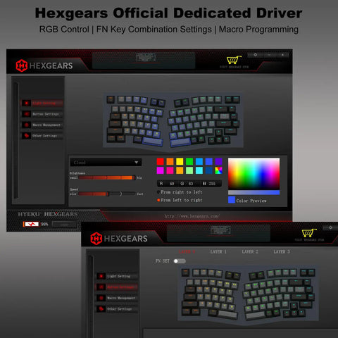Hexgears Official Dedicated Driver interface showing RGB control, FN key settings, and macro programming for keyboards.
