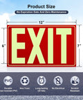 Glow In The Dark Photoluminescent Exit Sign Red With Easy Peel And Stick Adhesive Backing Non Electrical Scratch Resistant Tear Resistant PVC Twelve By Seven Inches For Fifty Feet Visibility Two Pack shown in size dimensions.
