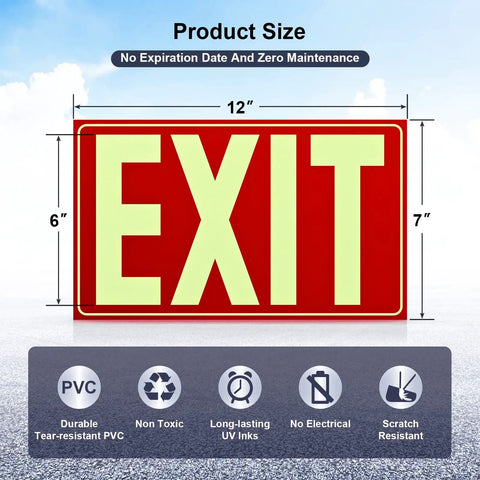 Glow In The Dark Photoluminescent Exit Sign Red With Easy Peel And Stick Adhesive Backing Non Electrical Scratch Resistant Tear Resistant PVC Twelve By Seven Inches For Fifty Feet Visibility Two Pack shown in size dimensions.