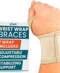 Hand wearing an Adjustable Wrist Wrap Braces 2 Pack for Carpal Tunnel Tendonitis Arthritis Pain Relief with packaging box shown.