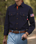 Front view of Lightweight Flame Resistant Welding Shirt For Men NFPA 2112 Certified Tough As Nails Water And Oil Repellent Finish
