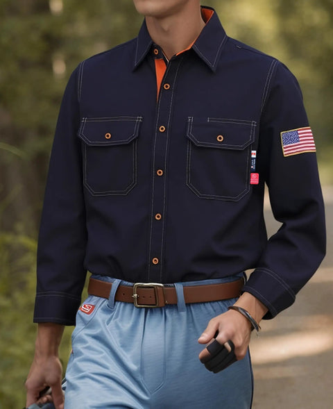 Front view of Lightweight Flame Resistant Welding Shirt For Men NFPA 2112 Certified Tough As Nails Water And Oil Repellent Finish
