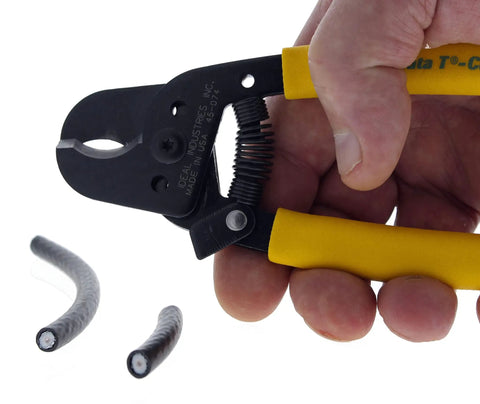 Hella Versatile Data T Cutter Wire Tool For Structured Networks And Coax Cables Up To Rg 11 in hand, cutting coax cable.