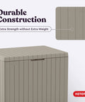 Beige 30 Gallon Resin Outdoor Storage Box And Patio Side Table with durable construction for pool and garden accessories.