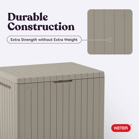 Beige 30 Gallon Resin Outdoor Storage Box And Patio Side Table with durable construction for pool and garden accessories.