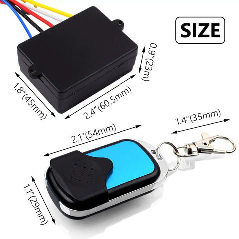 Wireless Winch Remote Control Kit For Car Truck Jeep ATV SUV 12V 24V handset with waterproof receiver, size dimensions shown