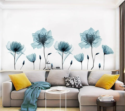 Blue Flower Wall Decals Peel And Stick Removable Die Cut Vinyl Murals for bedroom decor above a modern sofa