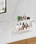 2 Tier Bathroom Organizer Countertop With Metal Wire Mesh Basket Hooks And Vanity Tray Shelf Kitchen Spice Rack White Finish