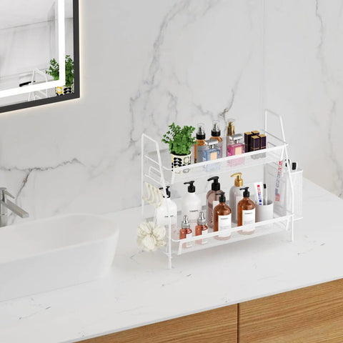 2 Tier Bathroom Organizer Countertop With Metal Wire Mesh Basket Hooks And Vanity Tray Shelf Kitchen Spice Rack White Finish