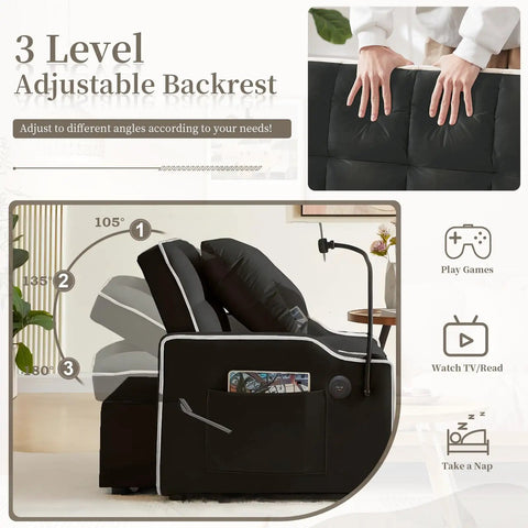 Three In One Velvet Sleeper Chair Bed With Phone Holder And USB Ports, side view showing adjustable backrest angles.
